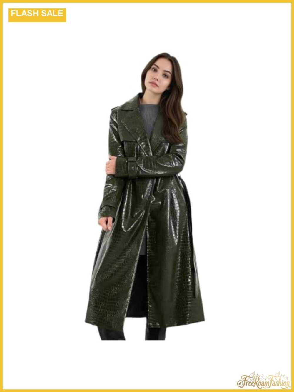 Faux Leather Trench Coat Belted Knee Length Long Jacket Women